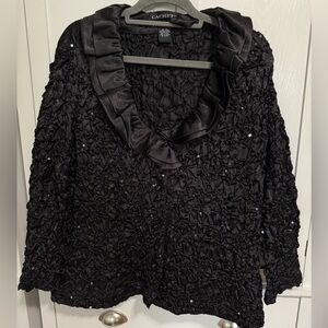 Cachet Black Textured Cardigan with Ruffle Collar & Sequins